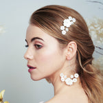 Silver mother of pearl flower bohemian wedding hair comb and matching earrings by Debbie Carlisle