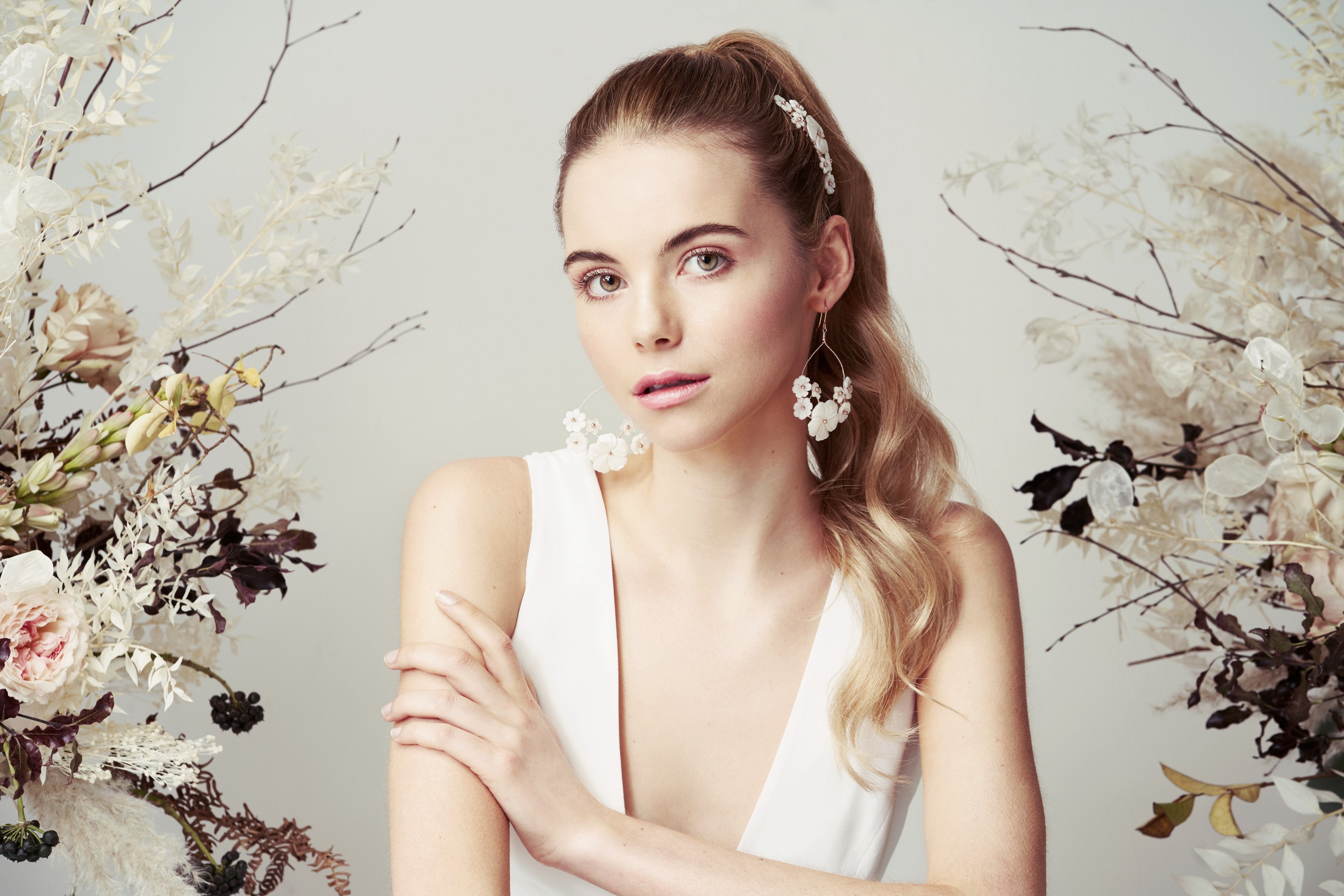 Mother of Pearl Flower statement bridal earrings Beth