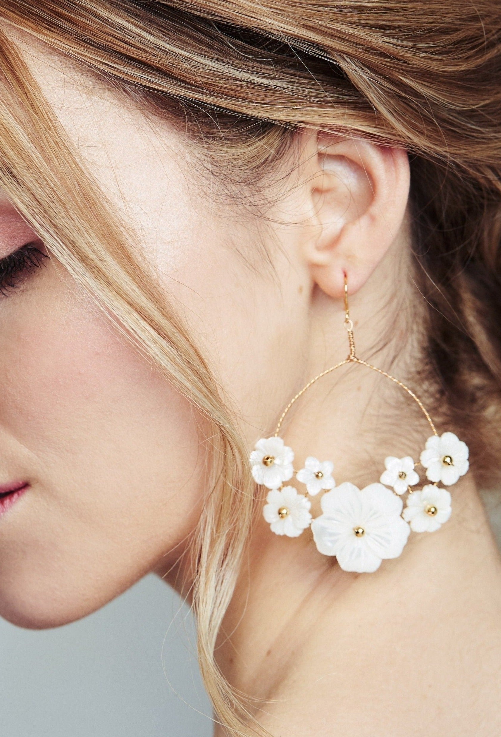 Beth mother of pearl flower bridal earrings in gold by debbiecarlisle.com