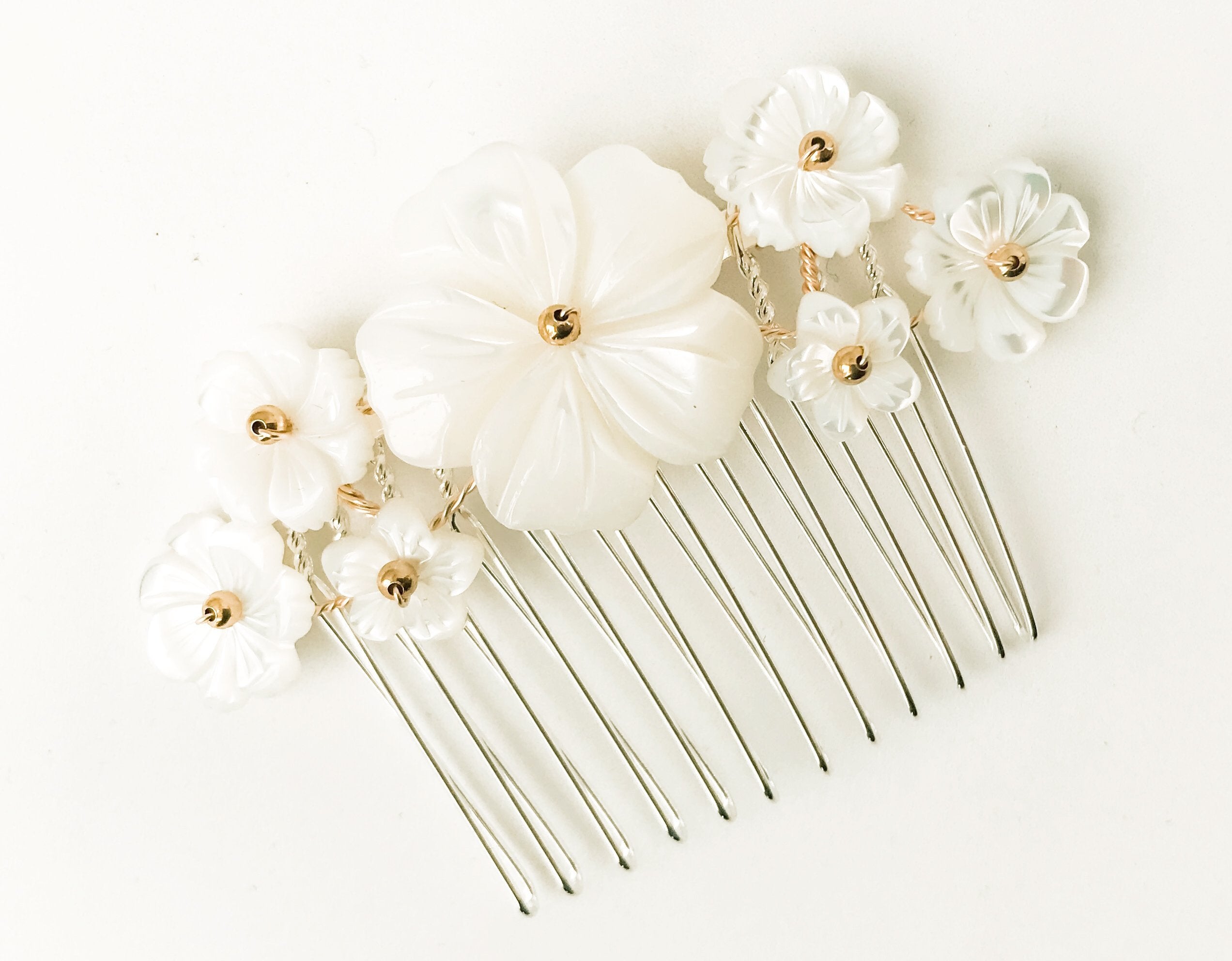 Mother of pearl flower wedding comb clip and floral hoop earrings set - Beth - Debbie Carlisle