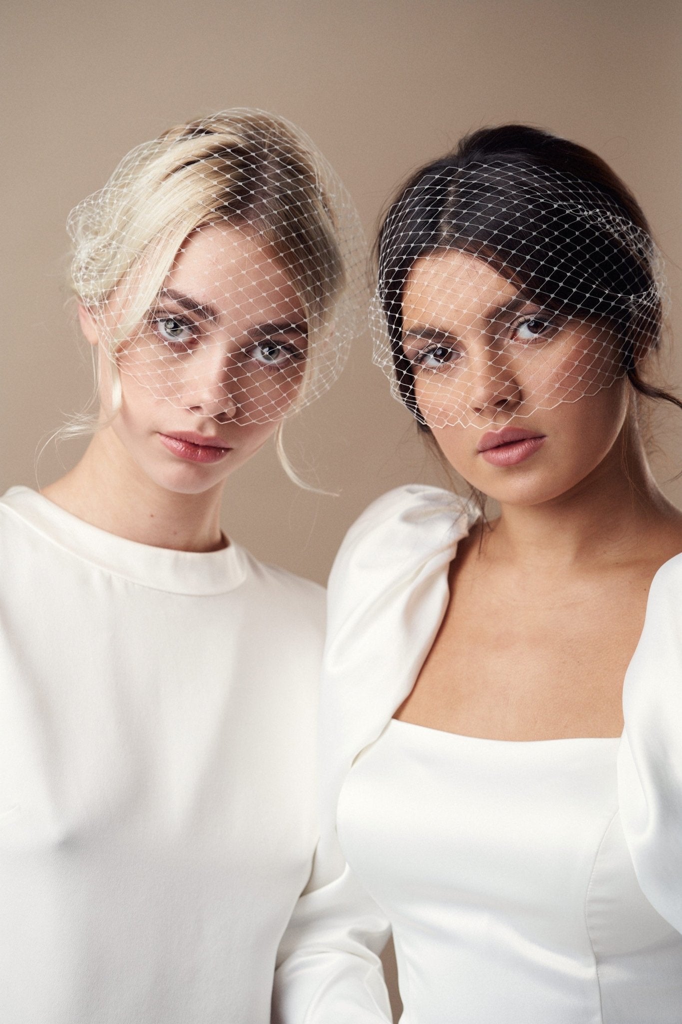 Ivory birdcage wedding veil - mask style - long (left) and short options pictured together