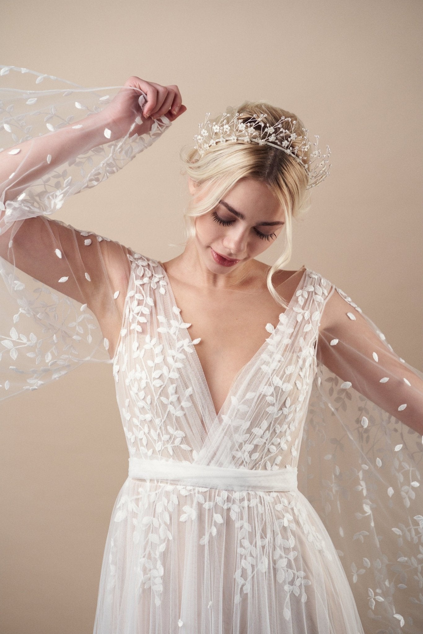 Boho crystal flower crown in silver and ivory- Isobel