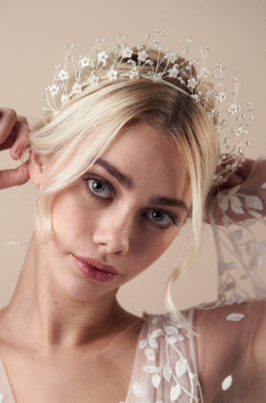 Boho crystal flower crown in silver and ivory - Isobel