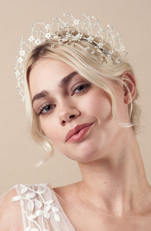 Boho crystal flower crown in silver and ivory with four matching Coralie hairpins - Isobel
