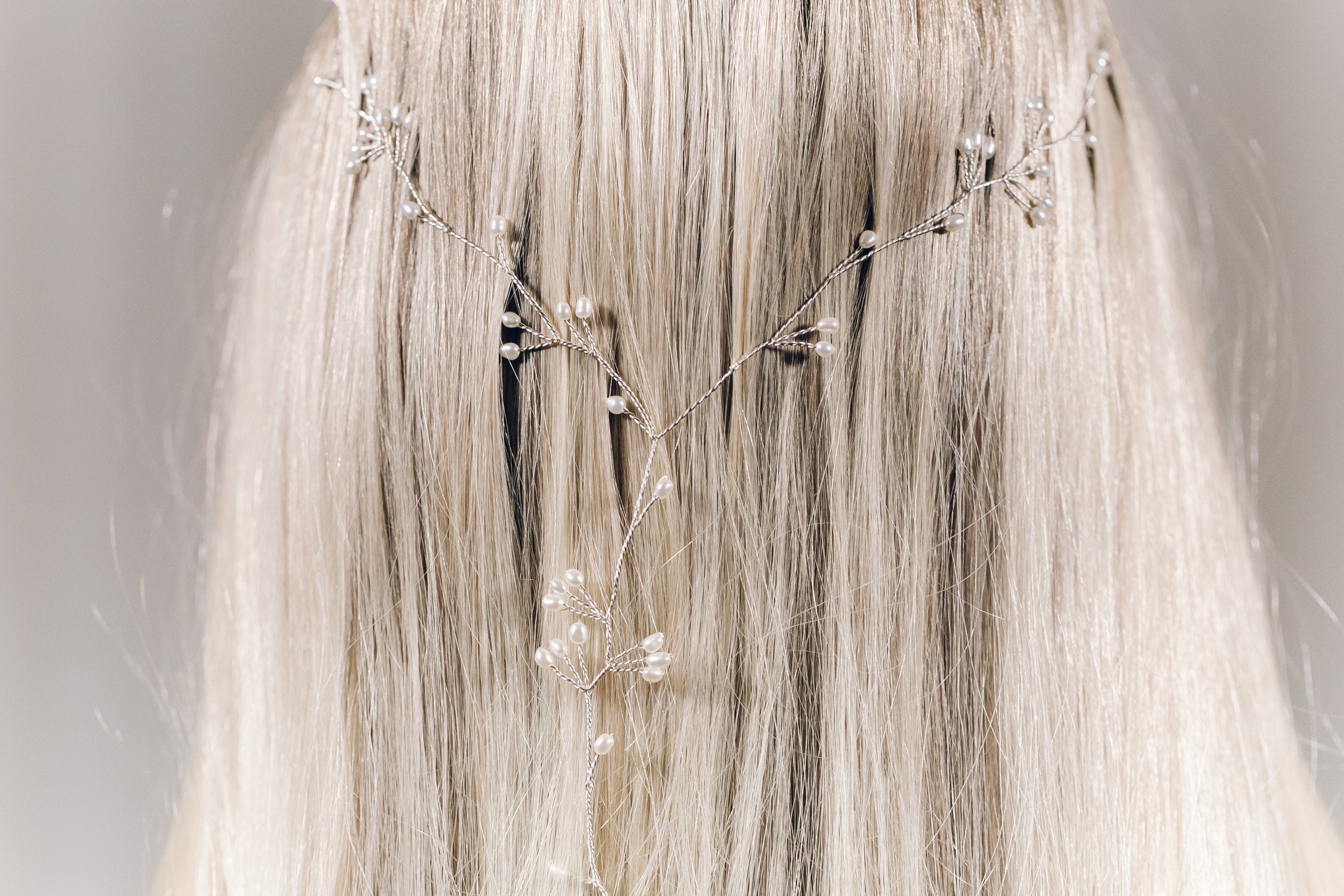 Multi strand plait hair vine in silver and freshwater pearls - Celine 'Y' hair vine