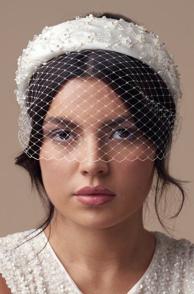 Embellished floral ivory padded headband with crystals and pearls and birdcage veil