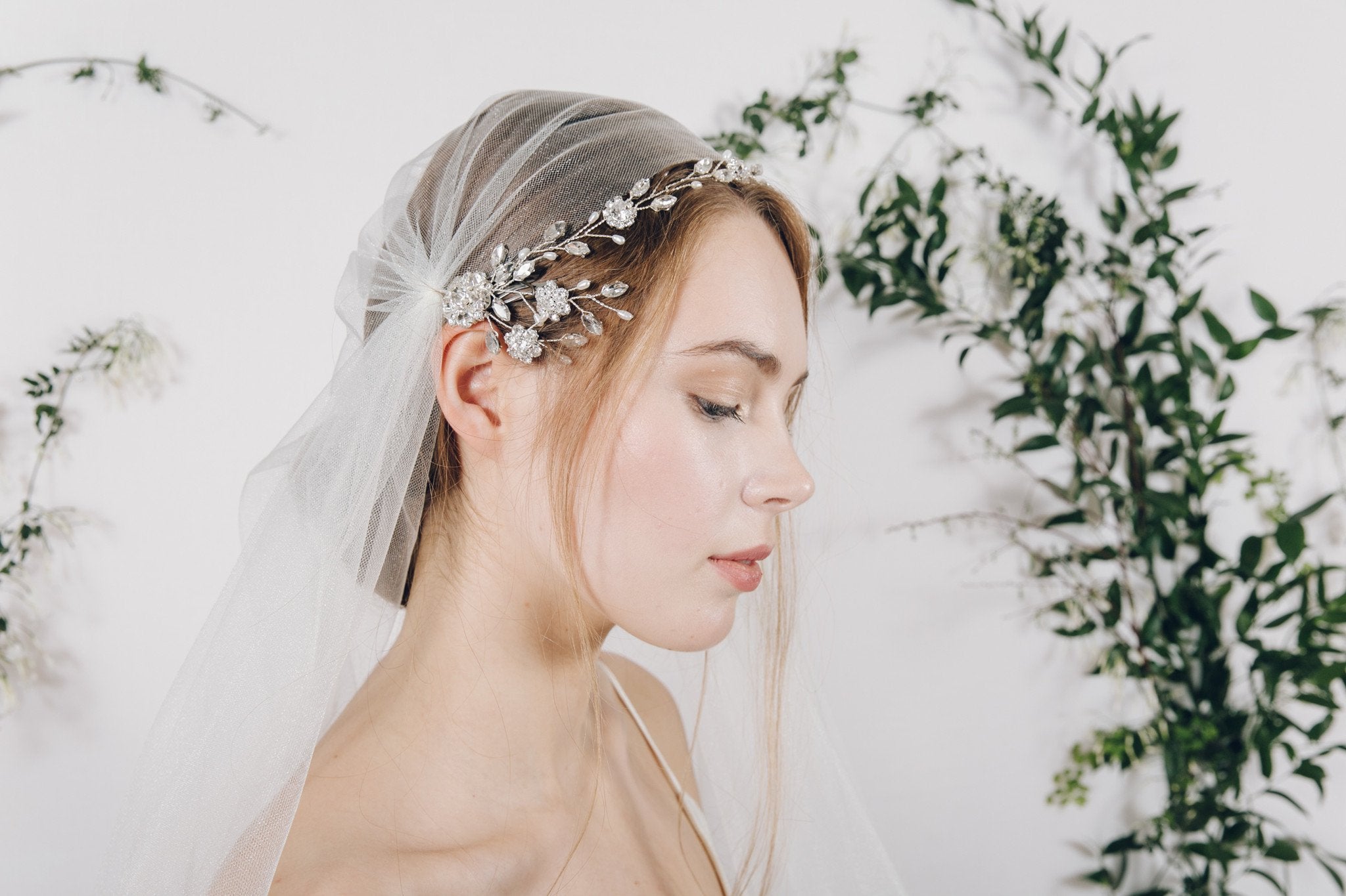 Crystal and pearl wild flower wedding headband with Juliet cap veil