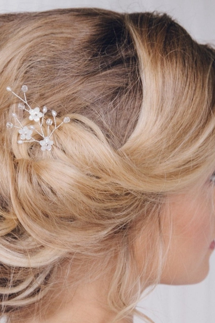 Flower wedding hairpins trio set in mother of pearl and crystal 