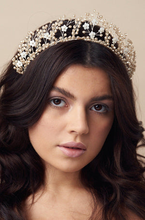champagne and ivory crystal floral bridal crown