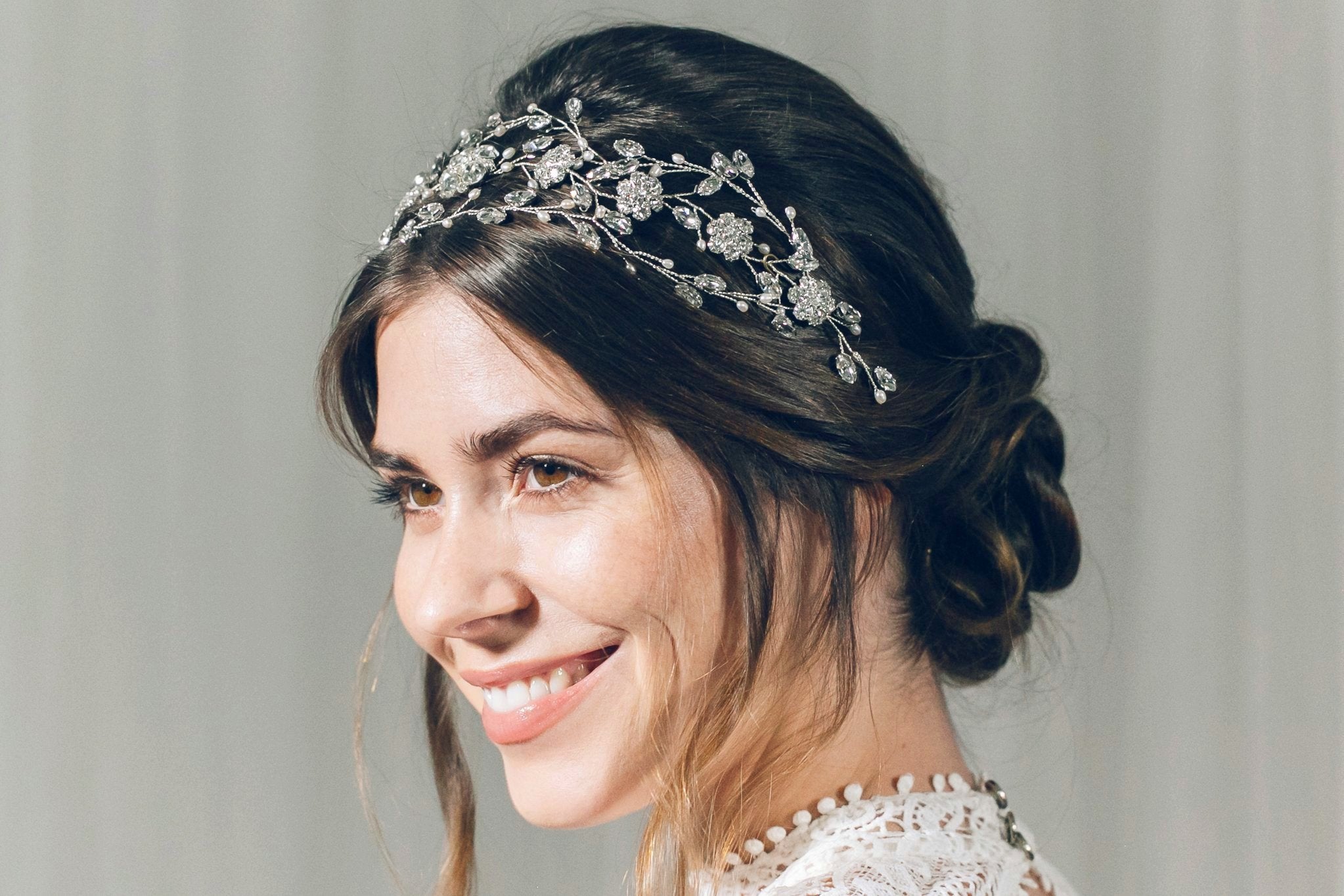 Statement silver Swarovski crystal and pearl crown hairvine - Cressida