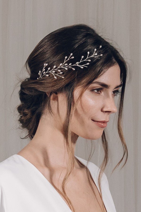 Silver pearl botanical branch hairvine for updo or half up bridal hair - Small Rosemary