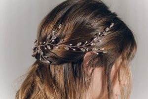 Modern boho Swarovski Crystal rose gold leafy long wedding hair vine - Lily