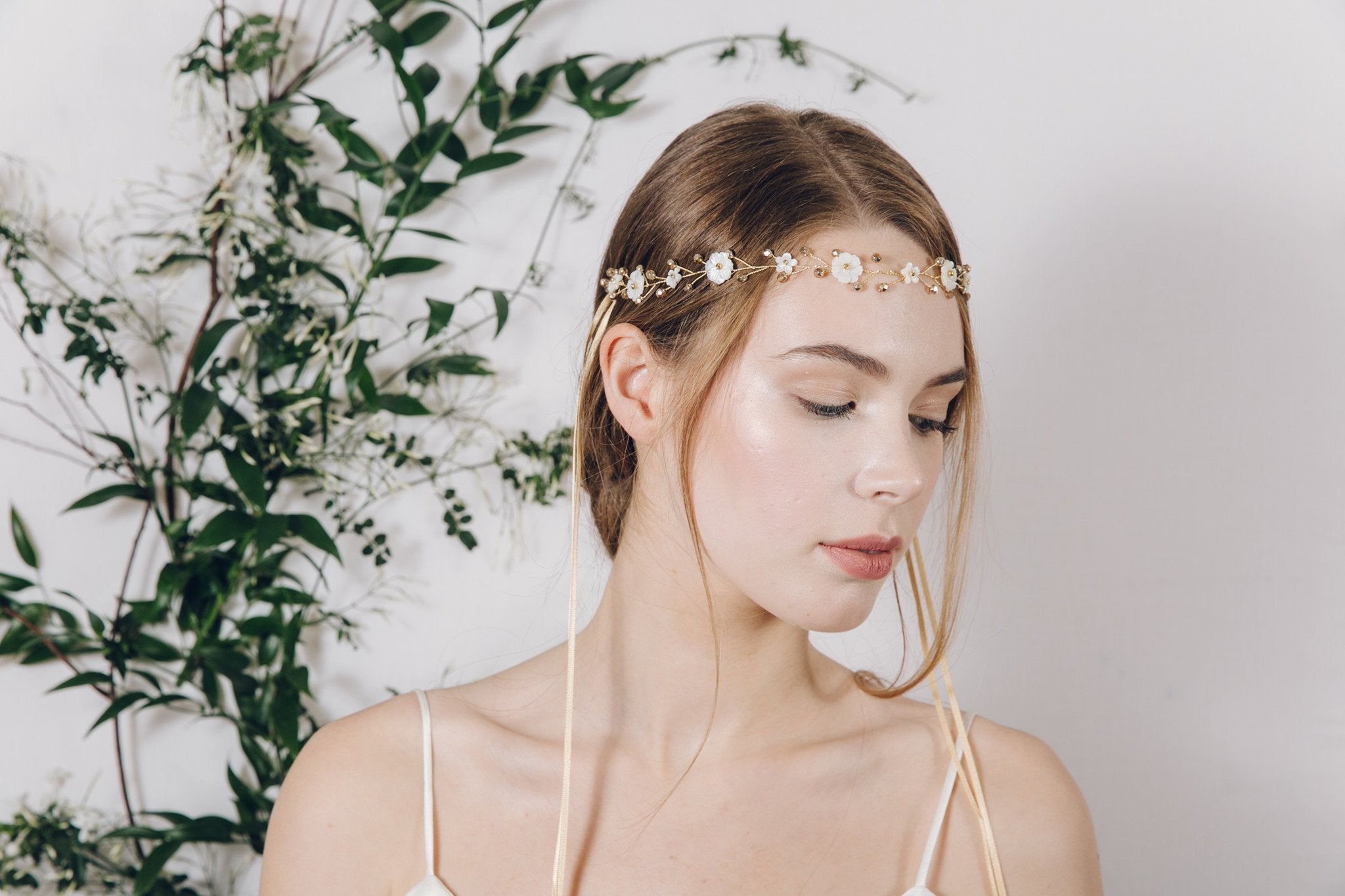 Flower garland pearl and crystal wedding browband headband