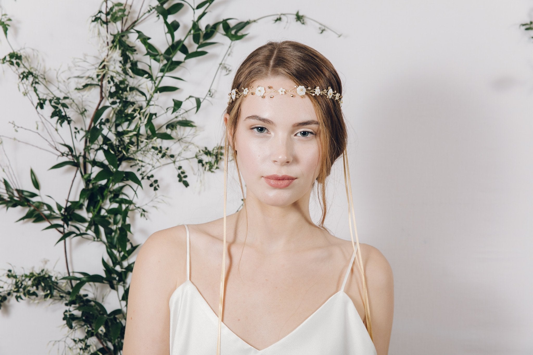 Hippy flower garland mother of pearl wedding headband