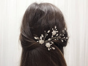 Silver crystal flower and freshwater pearl bridal hair vine - Ella