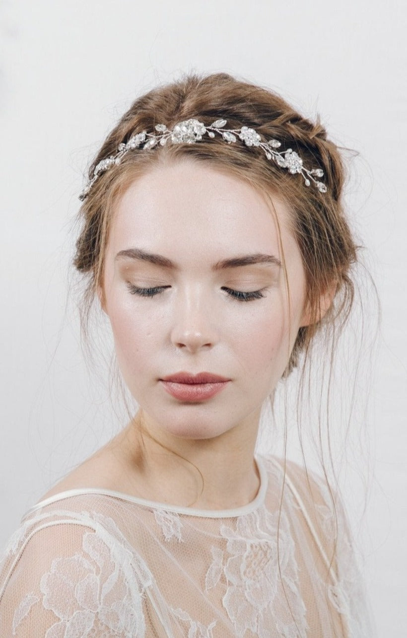 Silver flower bridal ribbon tie headband