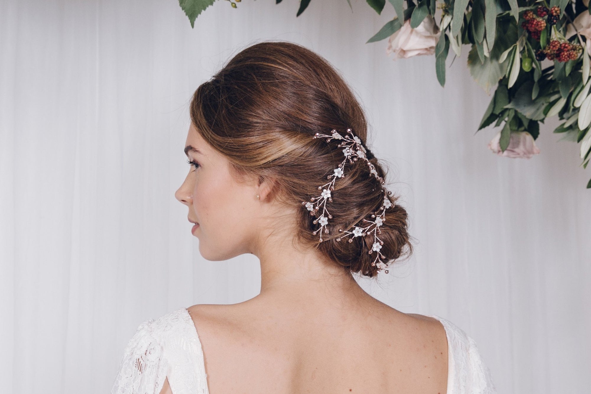 Delicate trailing mother of pearl flower hairvine - Evie - Debbie Carlisle