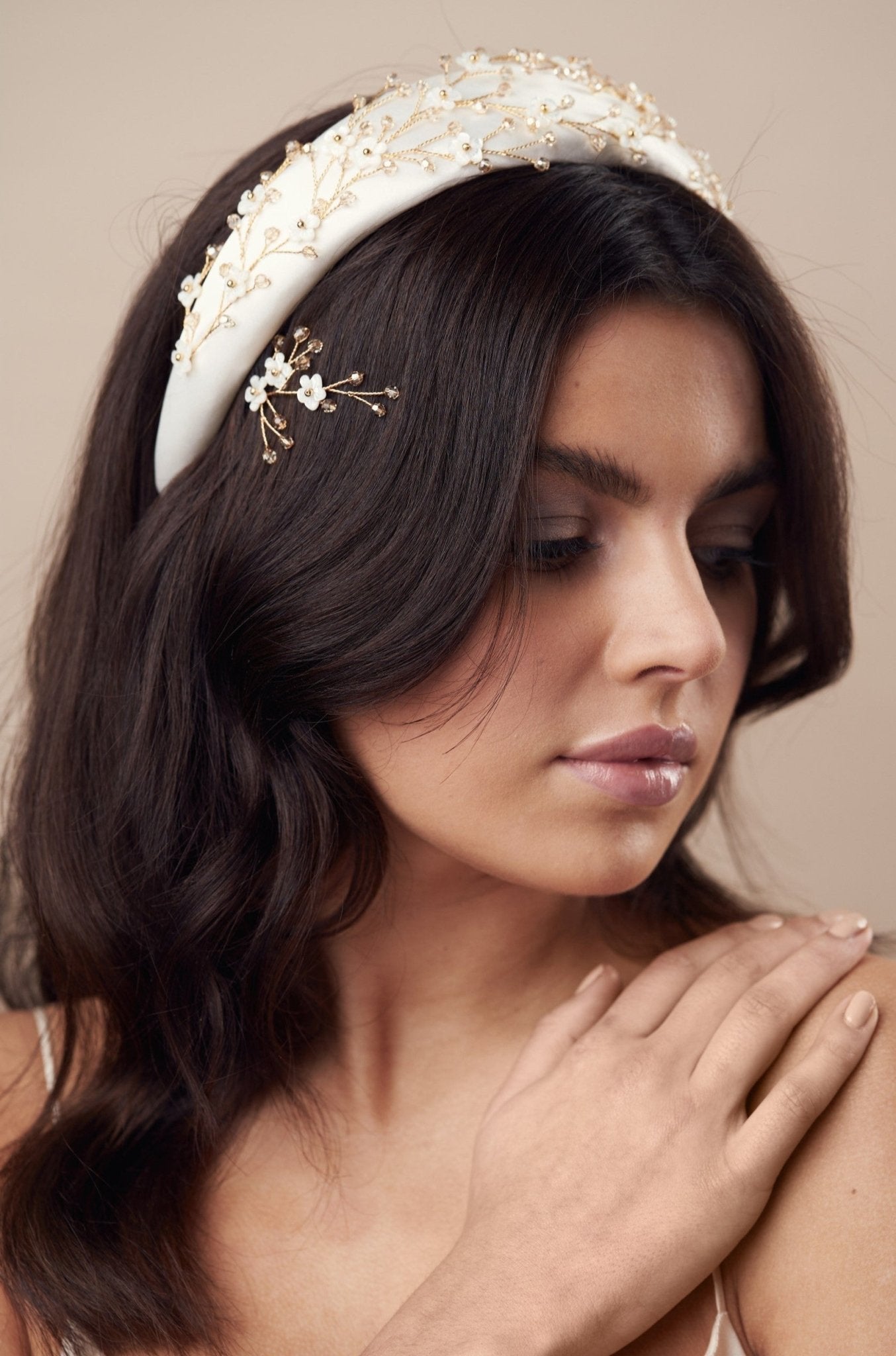 Embellished gold and ivory floral satin padded headband - Effie