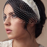 Embellished floral ivory padded headband with crystals and pearls and birdcage veil