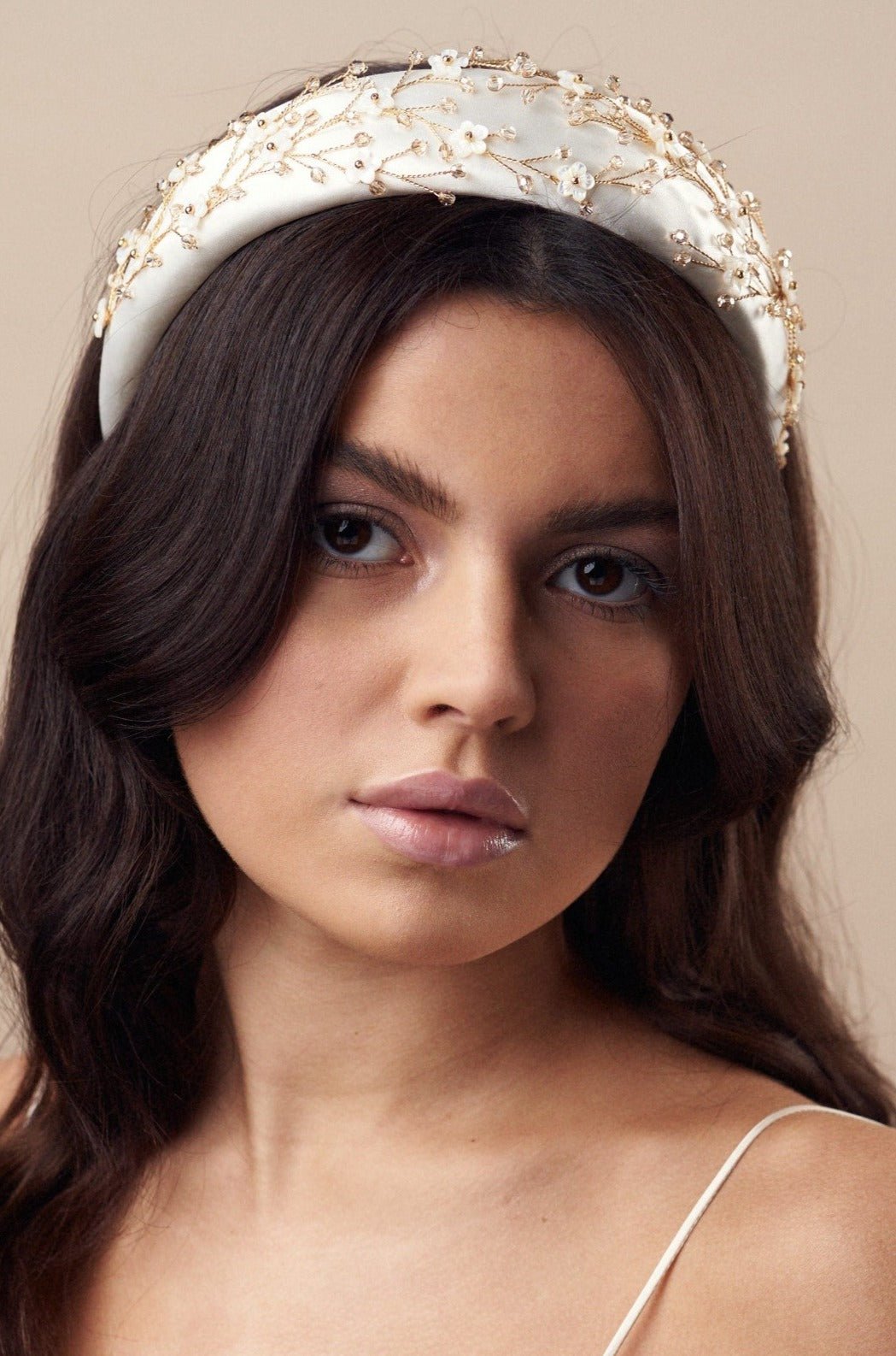 Embellished floral gold and ivory padded headband with crystals and mother of pearl