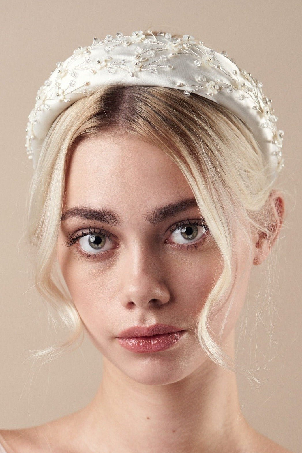 Embellished floral ivory padded headband with crystals and pearls