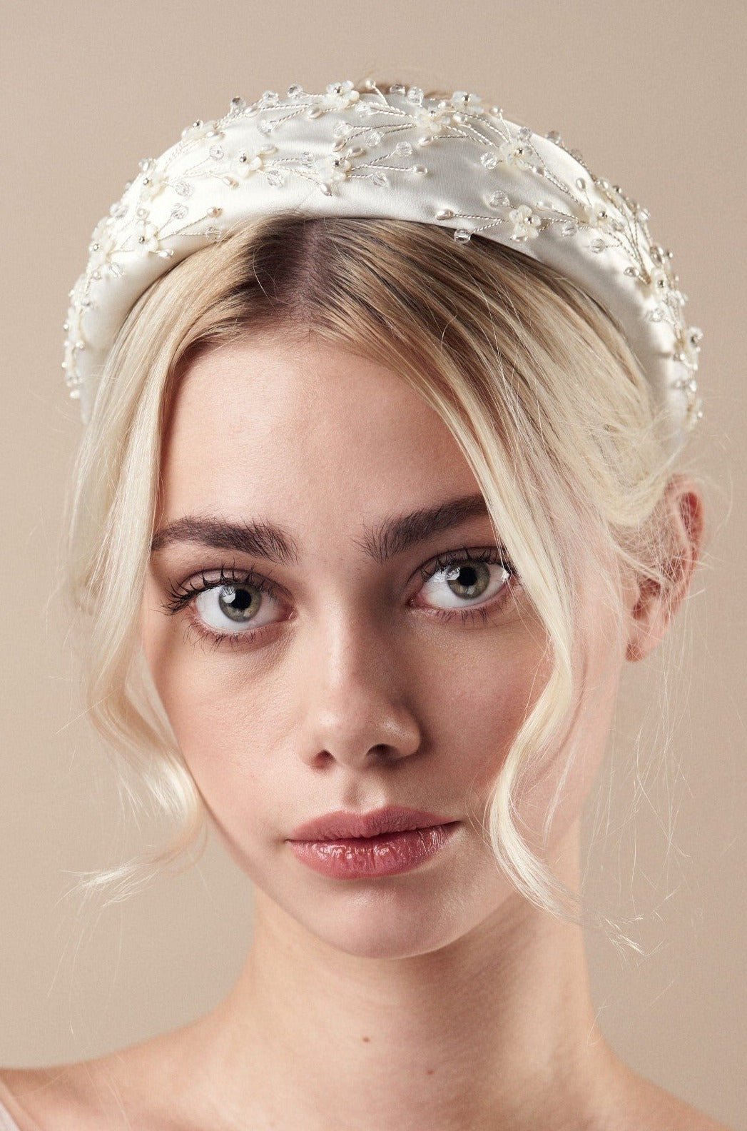 Embellished floral ivory padded headband with crystals and pearls