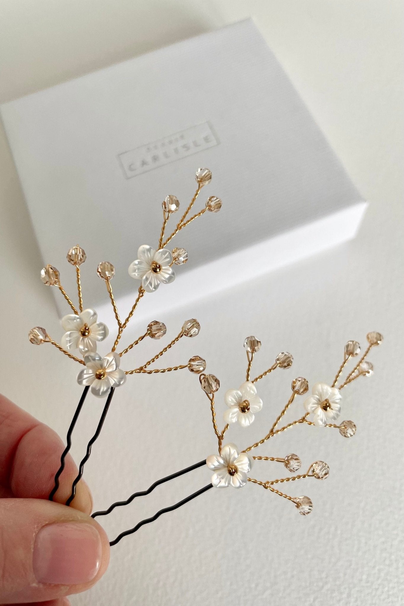 Flower sprig clear gold crystal hairpins by Debbie Carlisle - Coralie