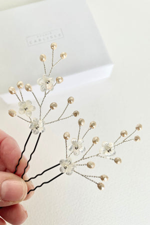 Flower sprig champagne crystal hairpins by Debbie Carlisle - Coralie