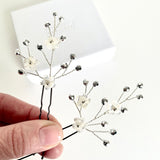 Flower sprig silver crystal hairpins by Debbie Carlisle - Coralie