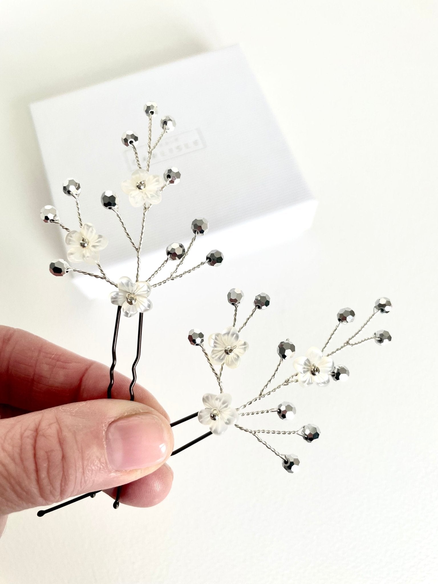 Flower sprig silver crystal hairpins by Debbie Carlisle - Coralie