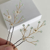 Flower sprig green and gold crystal hairpins by Debbie Carlisle - Coralie