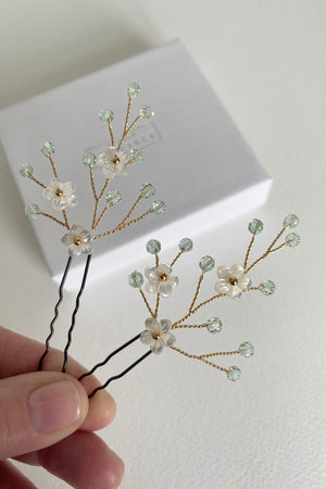 Flower sprig green and gold crystal hairpins by Debbie Carlisle - Coralie