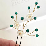 Flower sprig dark green crystal hairpins by Debbie Carlisle - Coralie