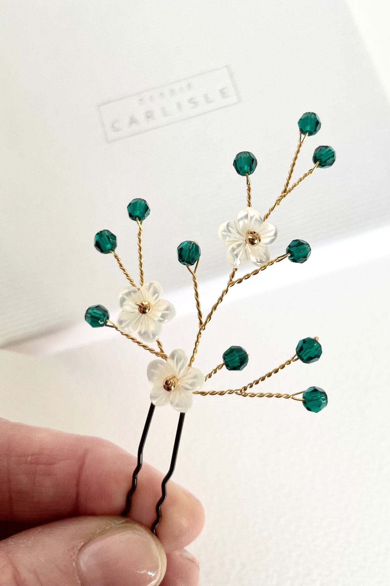 Flower sprig dark green crystal hairpins by Debbie Carlisle - Coralie