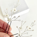 Flower sprig clear crystal and pearl hairpins by Debbie Carlisle - Coralie