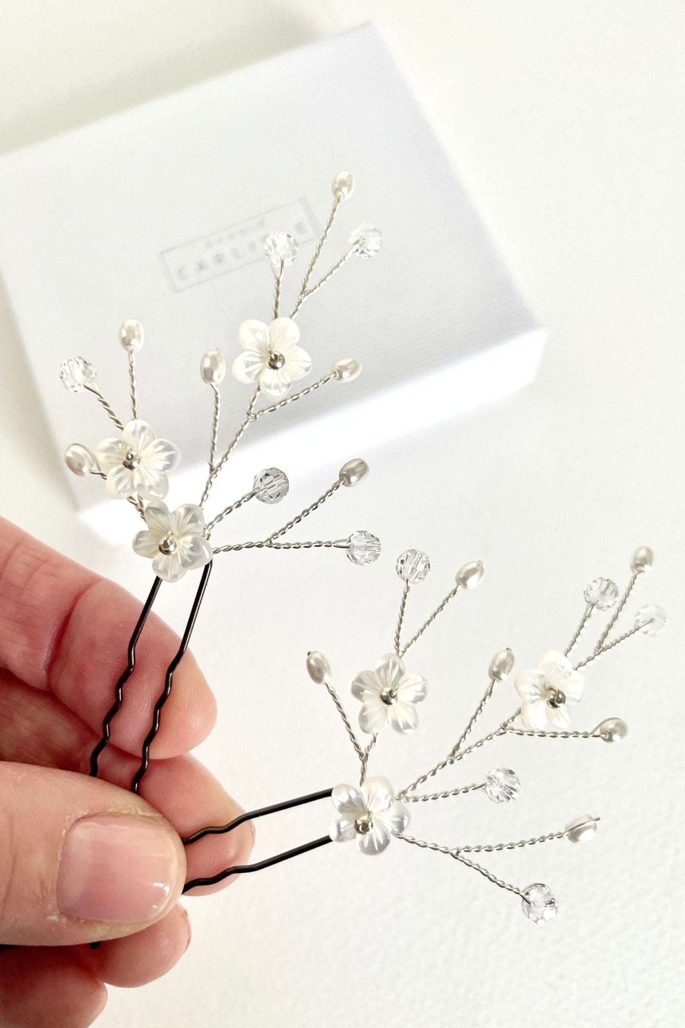 Flower sprig clear crystal and pearl hairpins by Debbie Carlisle - Coralie