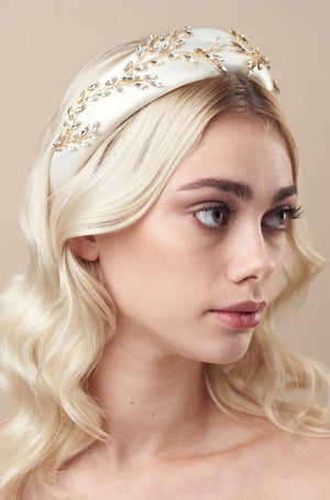 Gold and ivory padded headband with luxury crystal botanical design
