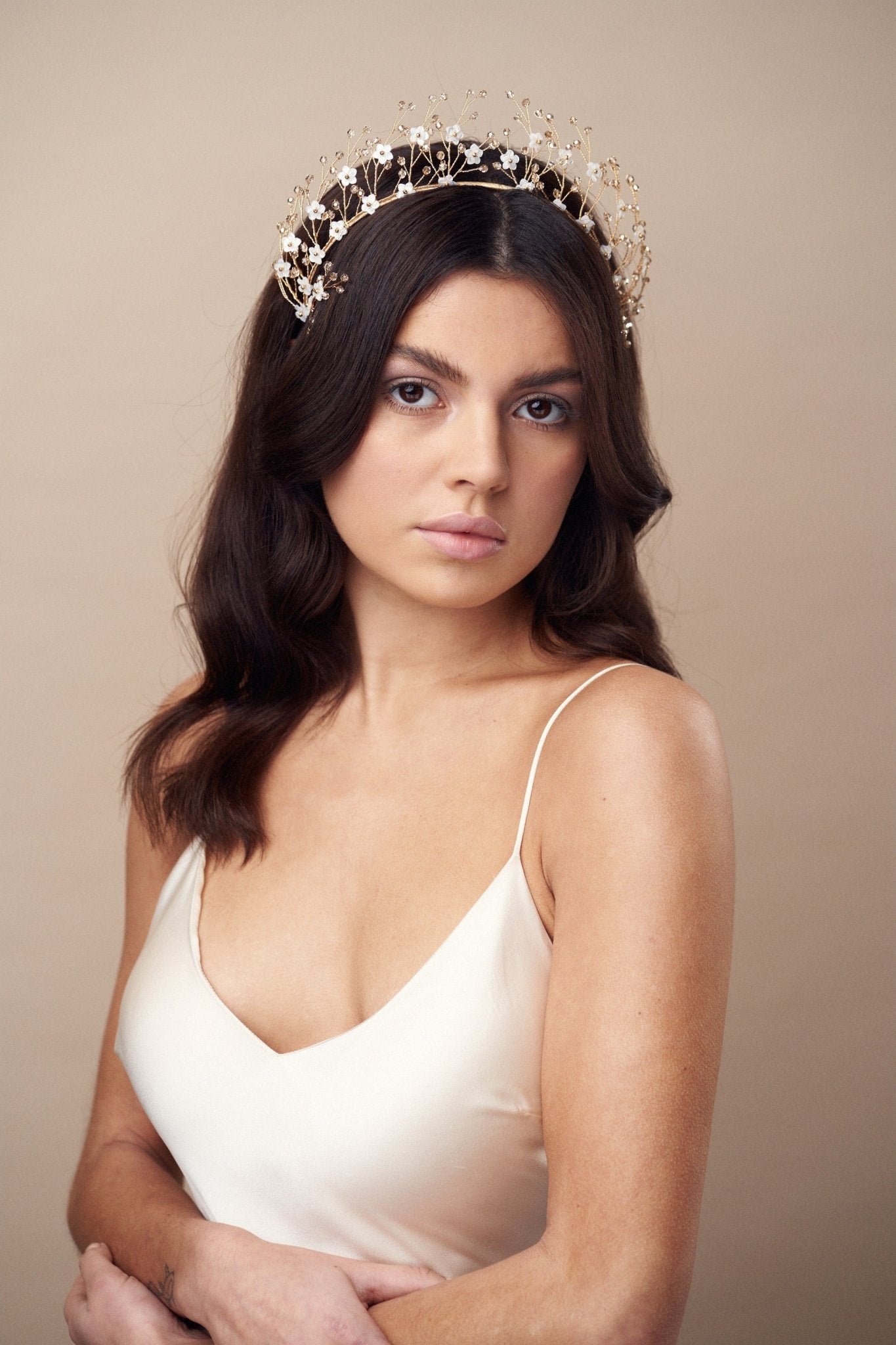 Boho crystal flower crown in gold and ivory with two matching Coralie hairpins - Isobel