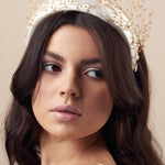 Embellished floral gold and ivory padded headband teamed with a golden crystal crown