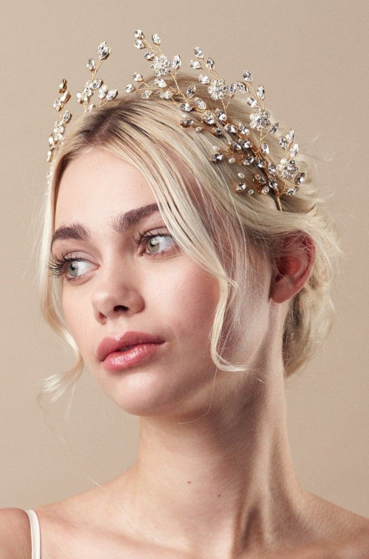 Gold crystal flower crown with matching hairpins - Mabel