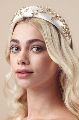 Gold and ivory padded headband with luxury crystal botanical design