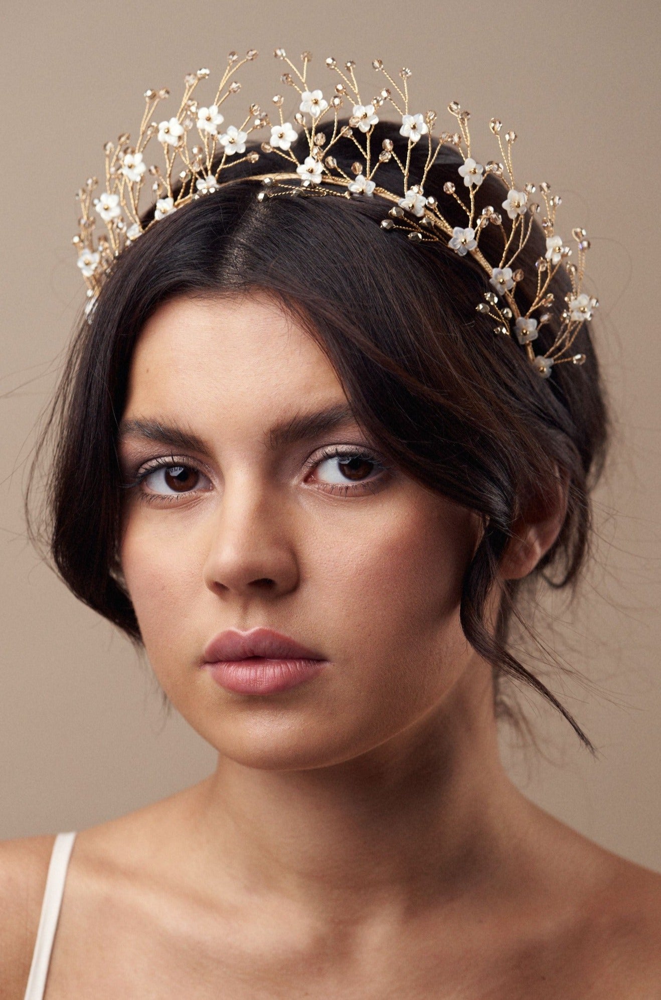 Boho crystal flower crown in gold and ivory - Isobel - with matching Haillie hairpins