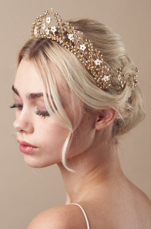 Antique gold crystal floral bridal crown with matching hairpins at back  - Large Coralin