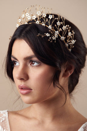 Boho crystal flower crown in gold and ivory with two matching Coralie hairpins - Isobel