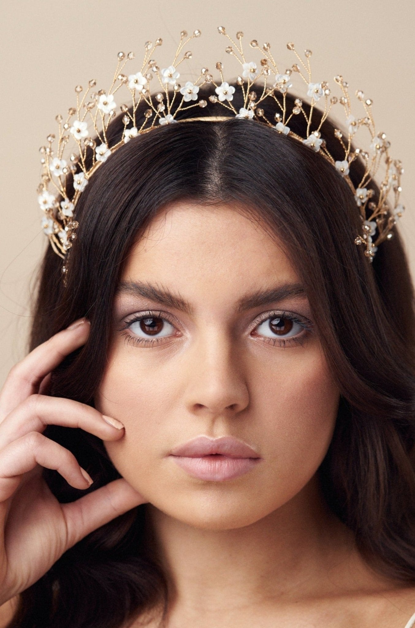 Boho crystal flower crown in gold and ivory with two matching Coralie hairpins - Isobel 