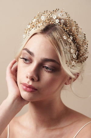 Antique gold crystal flower wedding crown with matching hairpins at front  - Small Coraline