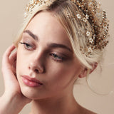 Flower wedding hairpins trio set in mother of pearl and gold crystal with matching Coraline crown