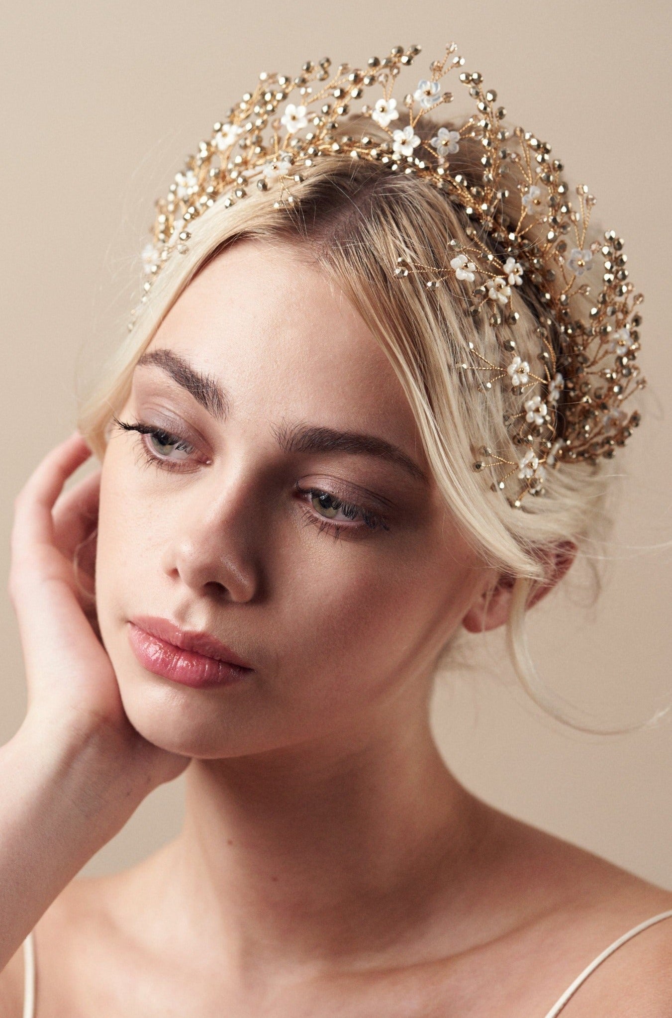 Flower wedding hairpins trio set in mother of pearl and gold crystal with matching Coraline crown