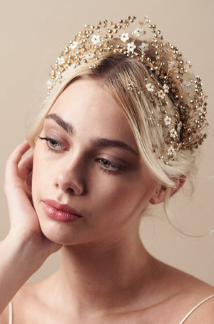 Green and gold crystal flower fairytale bridal crown - Coraline