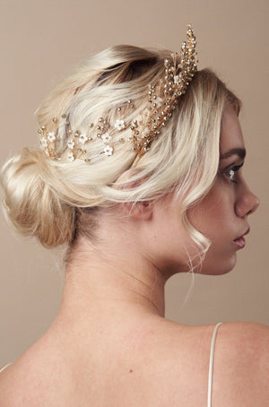 Antique gold crystal floral bridal crown with matching hairpins at back  - Large Coralin